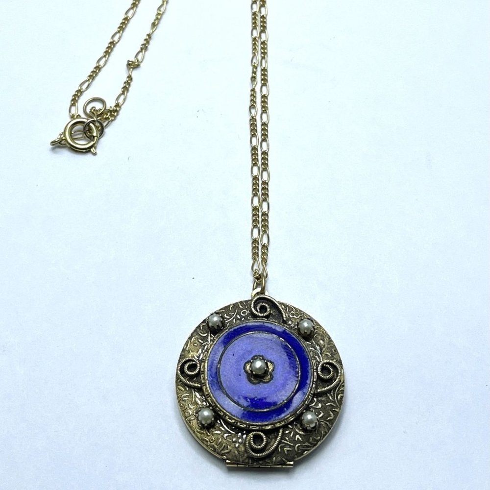 Vintage Blue Enamel Locket Necklace